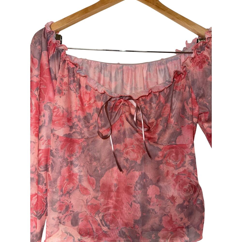 NWT Sheer Floral Mesh Top Lettuce Hem Fairy Coquette Angel Boho Cottagecore